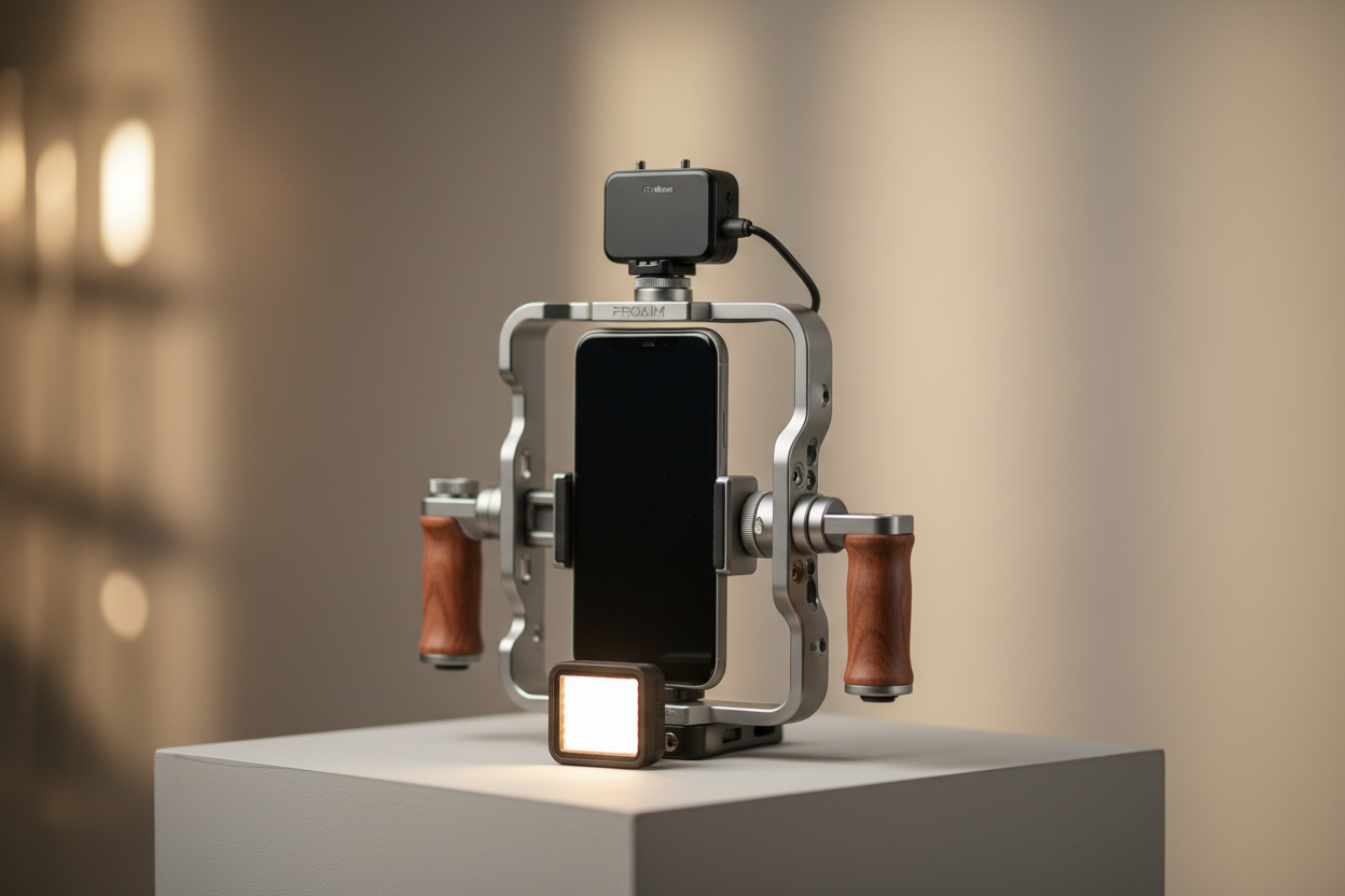 Minimal cinematic product photography for a phone filmmaking accessories brand. A modern smartphone mounted in a professional metal camera cage with handles and accessories. Clean studio setup, warm neutral background, soft cinematic lighting, shallow depth of field. Premium, minimalist, Apple-style aesthetic. High detail, realistic materials, soft shadows. Designed for an e-commerce hero banner.